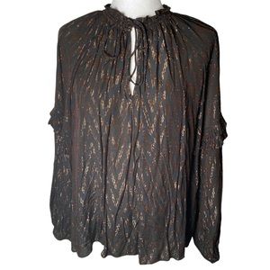 Current Air Metallic Split Neck Long Sleeve Top